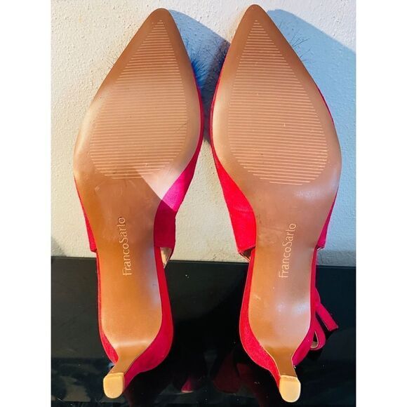 Franco Sarto Suede Slingback Heels Size 8.5 M NWT 3" Heel Red With Faux Fur Poof - Picture 7 of 11